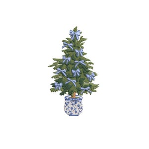 May include: An embroidered Christmas tree with light blue bows and a blue and white patterned pot. The tree is green with a textured appearance, and the bows are evenly spaced throughout the branches.