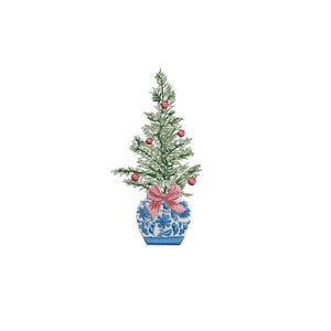 May include: An embroidered Christmas tree design. The tree is green with red ornaments and a pink and white striped bow. It sits in a blue and white floral vase. The design is on a white background.