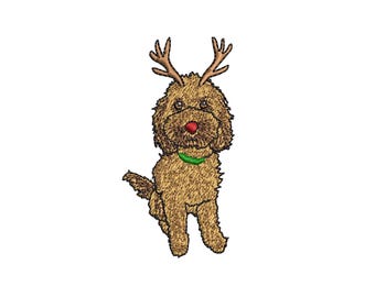 ゴールデンドゥードルのクリスマス刺繍デザイン、トナカイの犬の落書きパターン、赤鼻の子犬、ペット愛好家へのホリデーギフト、機械刺繍ファイル