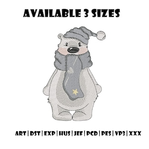 May include: A cartoon polar bear wearing a gray hat and scarf, embroidered with a star. The text "AVAILABLE 3 SIZES" is above the bear. Below the bear are file type abbreviations.