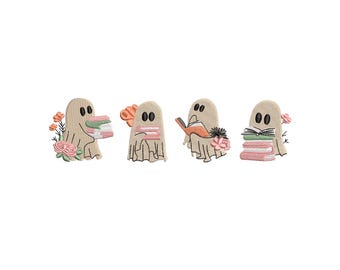 Conjunto de bordado de fantasmas de libros: adorables fantasmas de Halloween leyendo libros y café, paquete de patrones de puntada otoñal espeluznante