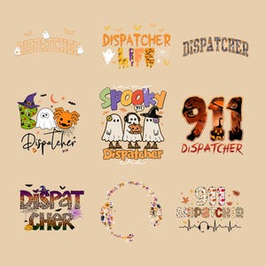 Puede incluir: Una colección de nueve diseños gráficos con temática de Halloween que incluyen la palabra Dispatcher, 911 y motivos espeluznantes como fantasmas, calabazas, sombreros de bruja y telarañas. Los gráficos usan colores naranja, morado y negro.