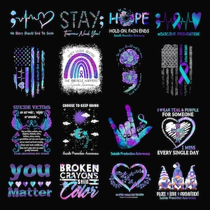 Könnte beinhalten: Eine Sammlung von sechzehn Grafikdesigns zum Thema Suizidprävention in Türkis und Lila, mit Herzen, Regenbögen, Schleifen, Gnomen und inspirierenden Texten wie You Matter, Hope und Broken Crayons Still Color auf schwarzem Hintergrund.