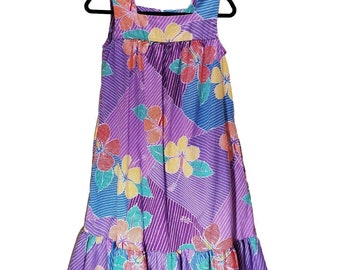 David Brown Women's Small Dress 1970s 80s Petite Purple Hibiscus Vintage Sundress