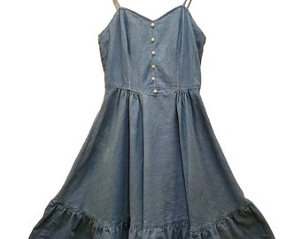 Vintage Country Cottage Sundress Women's Dress Blue Chambray Small Sweetheart