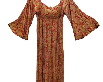 Vtg Women's Gold Red Paisley Maxi Dress 70's Bohemian Festival Boho Queen