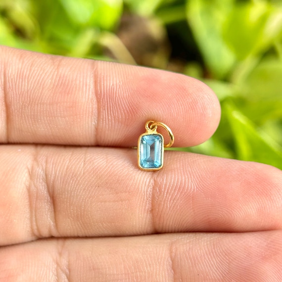 Natural Blue Topaz Gold Charm, Emerald Cut, Blue Gemstone Pendant, Handmade Jewelry Making 18K/14K Gold, Dainty December Birthstone Jewelry