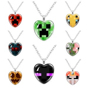 Pixel Block Heart Pendant Necklace – Funny Cartoon-Style Glass Charm Jewelry for Kids & Gamers