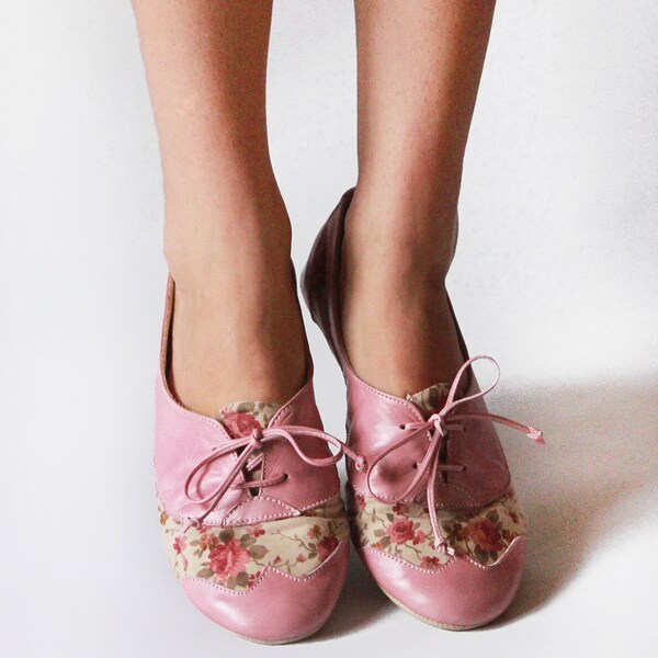 Pink Tea Party - Handmade Leather & Fabric flat shoes -  CUSTOM FIT