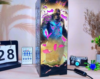 Godz & Kong - Trälåda-lampa - Unik stark varelse-nattlampa, cool bordslampa för studier, MonsterVerse-rumsdekor, födelsedagspresent till barn
