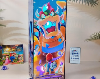 Super Mario Galaxy - trälåda-lampa, Mario Peach Bowser-lampa, Super Mario-nattlampa från filmen, inredning i spelrum, handgjord Nintendo-present