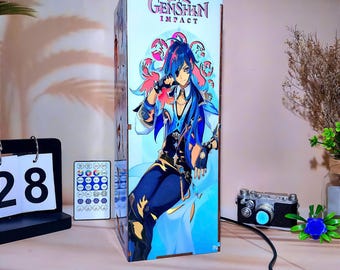 Kaeya -Wooden Box Lamp, RPG Genshin character Night Light, Gaming table lamp, Cool warrior decor, Handmade gamers room decor