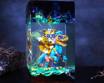 Dungeon Crawler Carl Prinsessan Donut & Mongo Epoxihartslampa, Handgjord Donut Riding Mongo Lampa, Fantasy LED Nattlampa