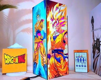 GK Saiyan Warrior- Wooden Box Lamp, Legend Action Japanese Anime Night Light, Handmade Kids Study table lamp, DBZ birthday gift idea