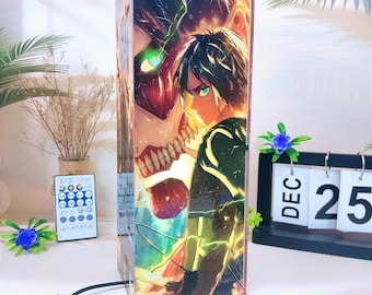 Lámpara de caja de madera AOT 2, luz LED RGB, lámpara de noche de guerrero anime hecha a mano, caja de luz LED para fans de AOT, decoración personalizada para habitaciones de anime