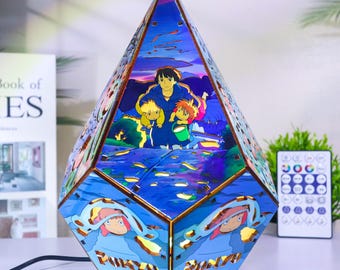 Ocean Spirit träpentagonlampa, magisk havsanime-LED-nattlampa, fantasy-animelampdekor, kustrumslampa, anime-fangåva