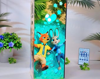Zootopia - Trälåda-lampa, Nick Wilde och Judy Hopps, Söt tecknad LED-nattlampa, Handgjord djurpresent till barn, Söt bordslampa för barnstudier