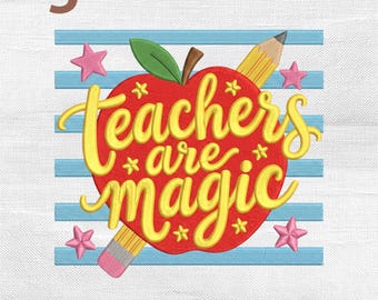 Teachers Are Magic Embroidery Design, Preppy Striped Teacher Appreciation Pencil Apple Machine Embroidery File
