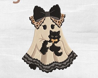 Coquette Ghost Holding Cat Embroidery Design, Ghost Leopard Bow Girly Halloween Machine Stitch File