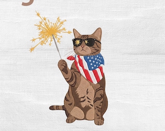 Patriotic Cat Fireworks Embroidery Design, 4th of July USA Flag Kitten Machine Embroidery File