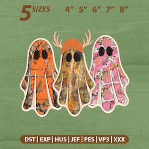 May include: Three ghost-shaped embroidery designs featuring camouflage patterns. The left ghost has orange camo, the center ghost wears an orange baseball cap with antlers, and the right ghost has pink camo. Text reads 5 SIZES 4" 5" 6" 7" 8" and file formats DST EXP HUS JEF PES VP3 XXX.