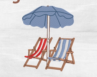 Striped Beach Chairs Umbrella Embroidery Design, Coastal Summer Vacation Seaside Lounge Machine Embroidery File