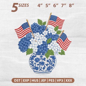 May include: Embroidered floral design featuring blue and white hydrangeas in a blue and white vase, with three American flags. The design is available in 5 sizes, ranging from 4 to 8 inches. The design is for embroidery machines.