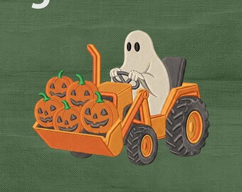 Pumpkin Ghost Bulldozer Embroidery Design, Halloween Boo-Dozer Pumpkins Farm Truck Construction Machine Embroidery File