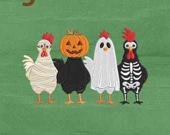 Halloween Chicken Embroidery Design, Pumpkin Ghost Mummy Skeleton Spooky Chickens Farm Machine Embroidery File