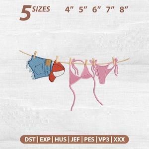 May include: An embroidered design showing a washing line with denim shorts, a baseball cap, and a pink bikini. The image includes text indicating five sizes available, ranging from 10.16 to 20.32 cm.