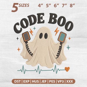 May include: An embroidery design featuring a beige ghost holding two black handheld game consoles with orange accents. The text reads CODE BOO above the ghost, with 5 SIZES 4" 5" 6" 7" 8" at the top and file formats at the bottom.