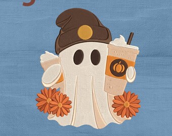 Beanie Ghost Coffee Embroidery Design, Fall Floral Spooky Pumpkin Spice Latte Machine Embroidery File