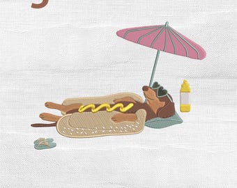 Beach Weiner Dog Embroidery Design, Summer Hot Dog Dachshund Machine Stitch File, Instant Download