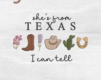 Diseño de bordado "Ella es de Texas", conjunto de mini iconos de vaquera coqueta del oeste (archivo para bordado a máquina)