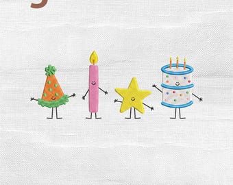 Birthday Mini Icons Embroidery Design, Happy Birthday Party Doodle Characters Set Machine Stitch File