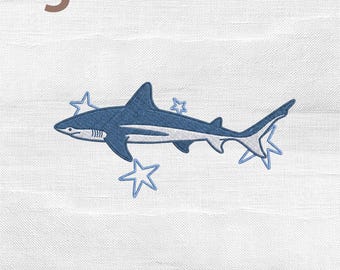 Shark with Stars Embroidery Design, Mini Ocean Animal Marine Life Fish Embroidery Machine File