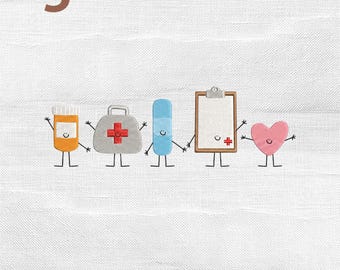 Nurse Doodle Characters Embroidery Design, Set Nurse Mini Icons Nursing Student Machine Stitch File