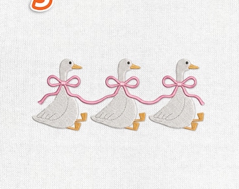 Goose with Bow Embroidery Design, Cottagecore Silly Goose Trio Machine Stitch File, Baby Animal