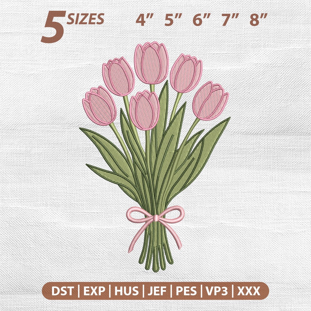 Pink Tulip Bouquet Embroidery Design, Coquette Bow Flower Stitch ...