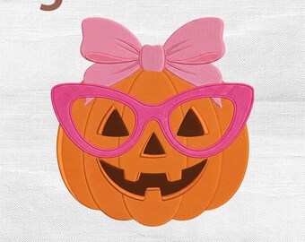 Pumpkin with Coquette Bow Embroidery Design, Funny Halloween Pumpkin Glasses Girly Machine Stitch File