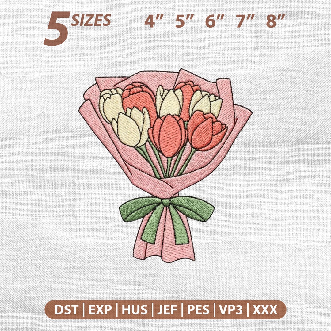 Tulip Flower Embroidery Design, Bouquet With Ribbon Stitch Machine ...