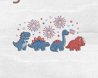 Patriotic Mini Dinosaurs Embroidery Design, 4th July Dinosaur Fireworks Machine Embroidery File, Instand Download