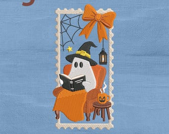 Bookish Halloween Ghost Embroidery Design, Reading Book Witch Stamp Machine Embroidery File, Instant Download