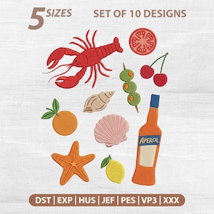 Peut inclure: Motifs brodés comprenant un homard rouge, une orange, une étoile de mer, un citron et une bouteille d'Aperol. D'autres motifs incluent une tranche de tomate, des cerises, des olives et des coquillages. Le texte indique "5 TAILLES" et "ENSEMBLE DE 10 MOTIFS".