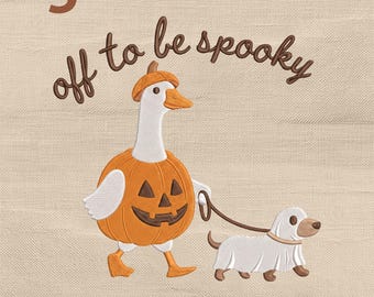 Pumpkin Goose Walking Ghost Dog Embroidery Design, Off To Be Spooky Duck Embroidery File