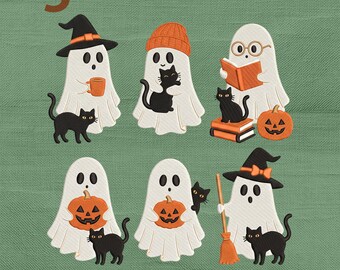 Ghost Black Cat Embroidery Design Bundle, Set 6 Spooky Kitten Halloween Witch Embroidery File