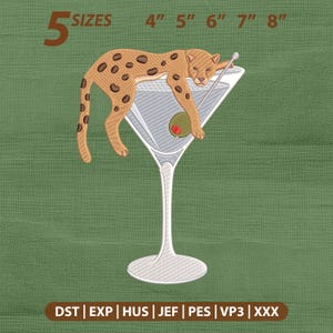 Coquette Cheetah Martini Embroidery Design, Leopard Cocktail with Olive Glass Bar Machine Embroidery File