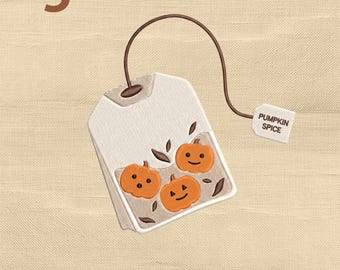 Pumpkins Tea Bag Embroidery Design, Cozy Fall Pumpkin Spice Autumn Teapot Machine Embroidery File