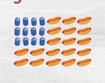 Patriotic Beer and Hot Dog Flag Embroidery Design, 4th of July Machine Embroidery File