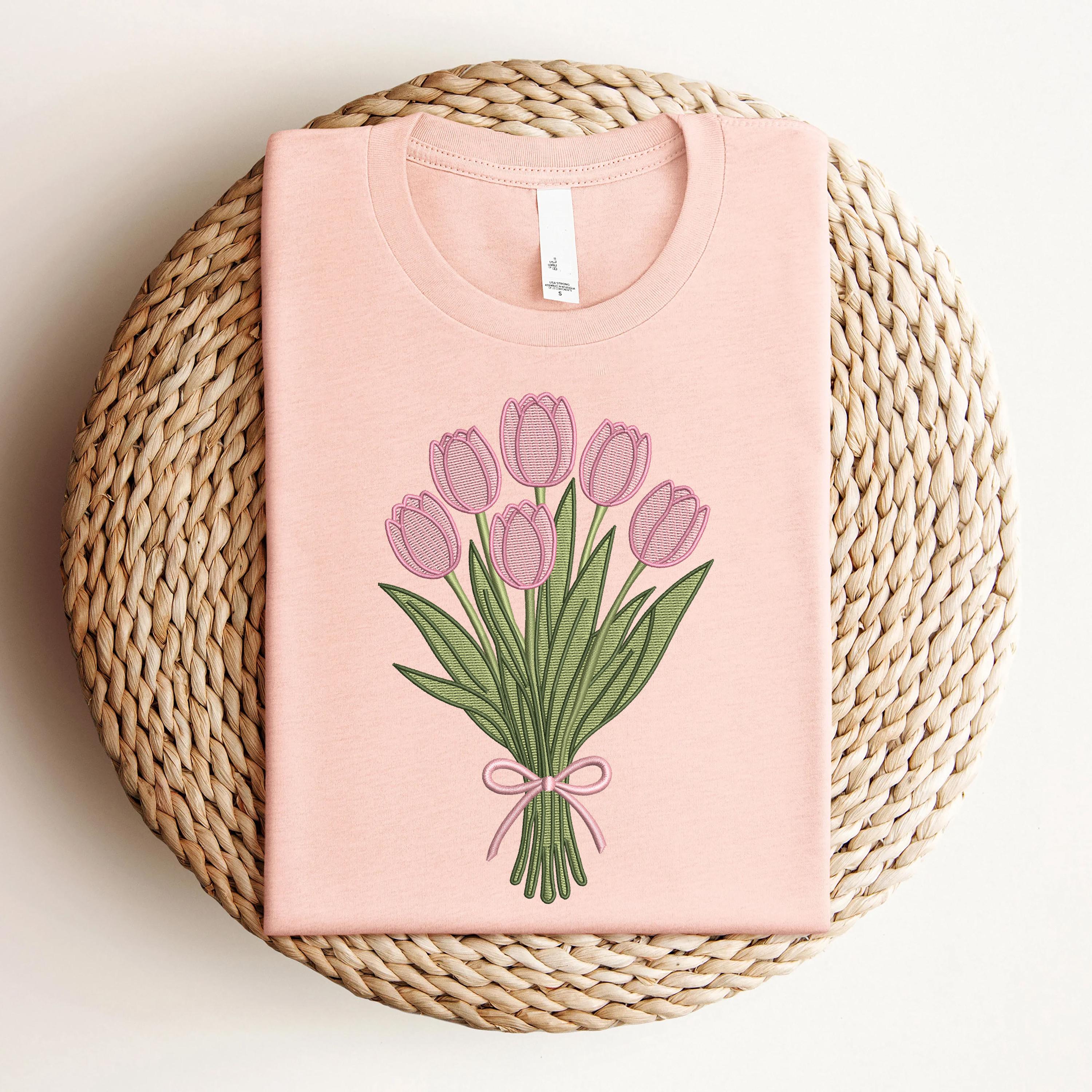 Pink Tulip Bouquet Embroidery Design, Coquette Bow Flower Stitch ...